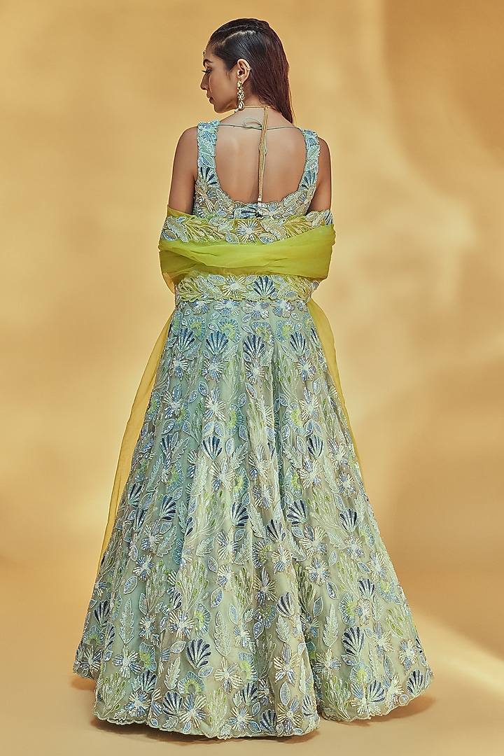 Light Green Pure Organza Embroidered Bridal Lehenga Set by Label Charmie Galaiya at Pernia's Pop Up Shop