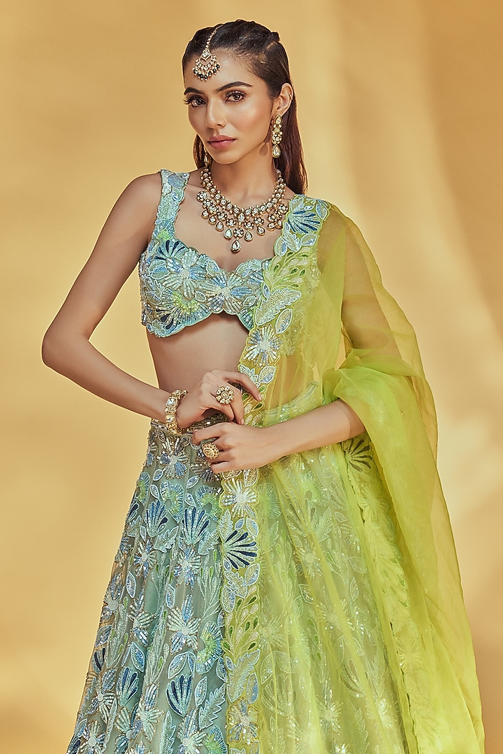 Light Green Pure Organza Embroidered Bridal Lehenga Set by Label Charmie Galaiya at Pernia's Pop Up Shop