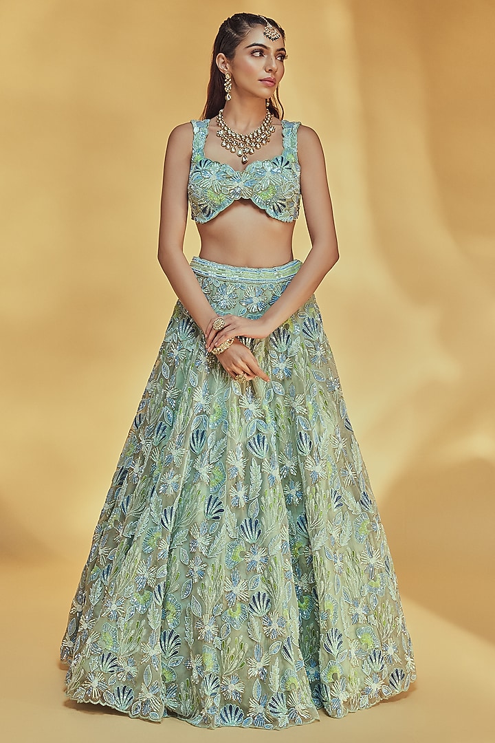 Light Green Pure Organza Embroidered Bridal Lehenga Set by Label Charmie Galaiya at Pernia's Pop Up Shop