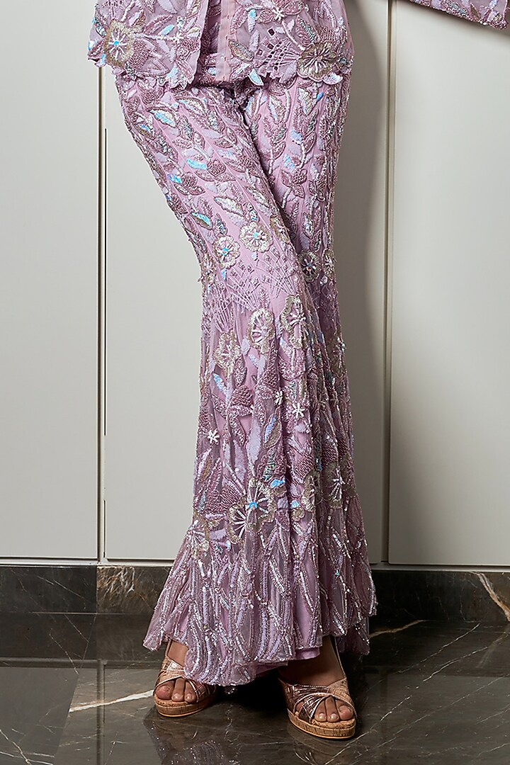 Lilac Soft Swiss Net Cutwork Hand Embroidered Blazer Set by Label Charmie Galaiya at Pernia's Pop Up Shop