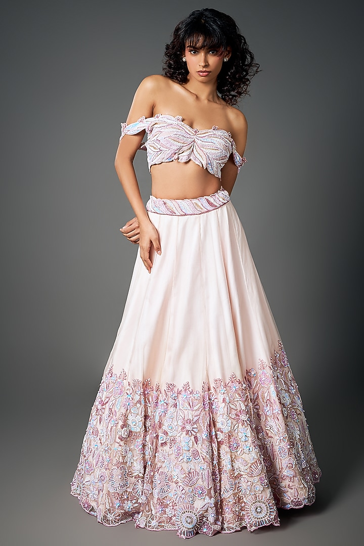Blush Pink Pure Organza Hand Embroidered Bridal Lehenga Set by Label Charmie Galaiya at Pernia's Pop Up Shop