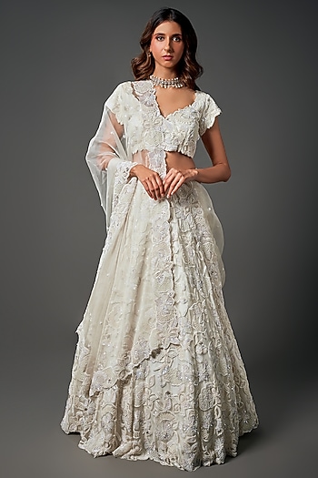 Ivory Pure Organza Embroidered Handcrafted Bridal Lehenga Set by Label Charmie Galaiya at Pernia's Pop Up Shop