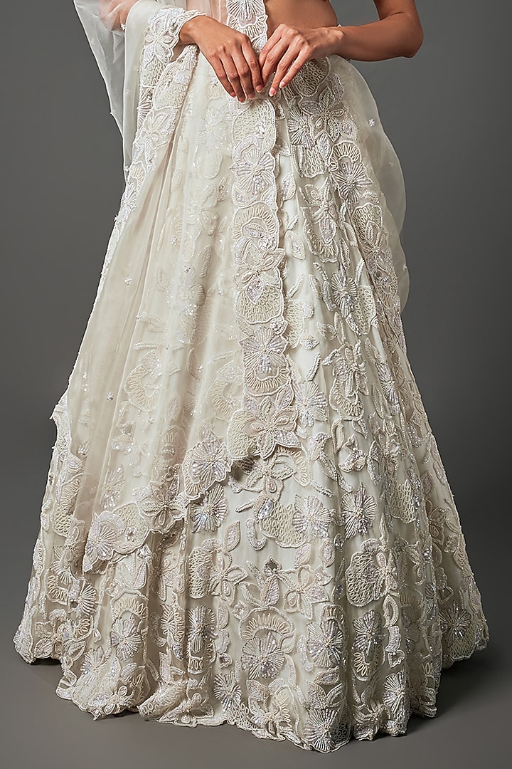 Ivory Pure Organza Embroidered Handcrafted Bridal Lehenga Set by Label Charmie Galaiya at Pernia's Pop Up Shop