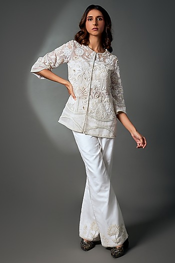 White Organza & Soft Silk Motifs Hand Embroidered Jacket Set by Label Charmie Galaiya at Pernia's Pop Up Shop