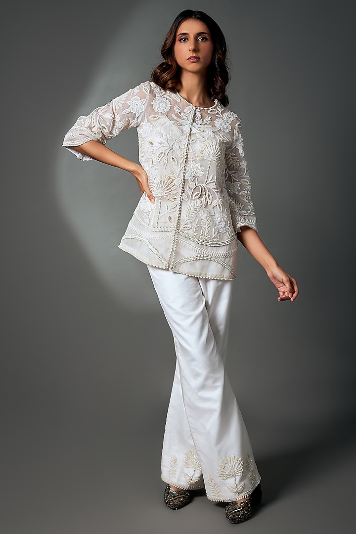 White Organza & Soft Silk Motifs Hand Embroidered Jacket Set by Label_Charmie Galaiya