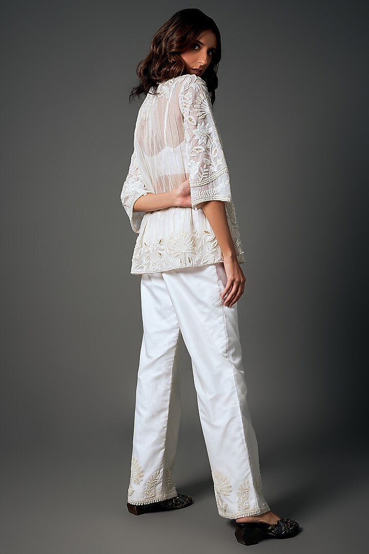 White Organza & Soft Silk Motifs Hand Embroidered Jacket Set by Label Charmie Galaiya at Pernia's Pop Up Shop