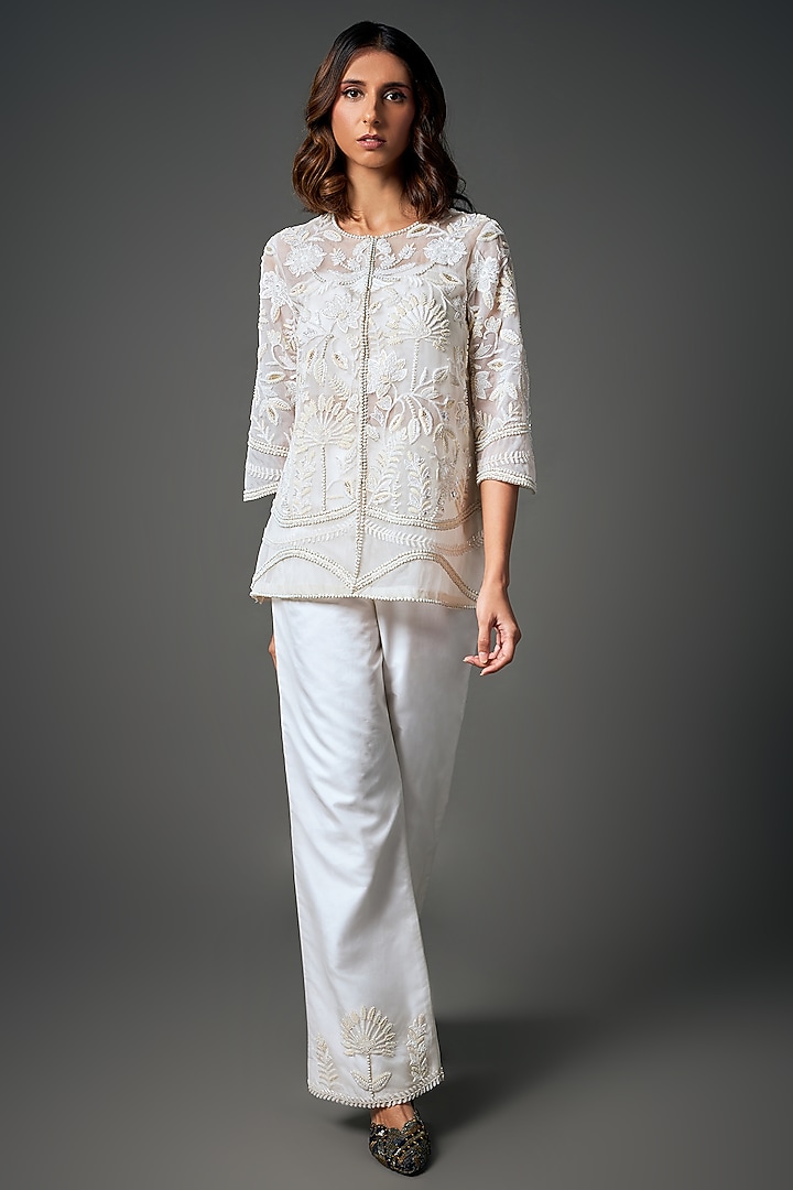 White Organza & Soft Silk Motifs Hand Embroidered Jacket Set by Label Charmie Galaiya at Pernia's Pop Up Shop