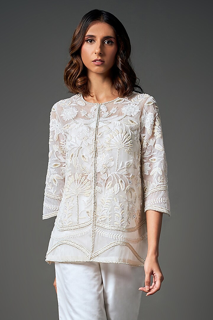 White Organza & Soft Silk Motifs Hand Embroidered Jacket Set by Label Charmie Galaiya at Pernia's Pop Up Shop
