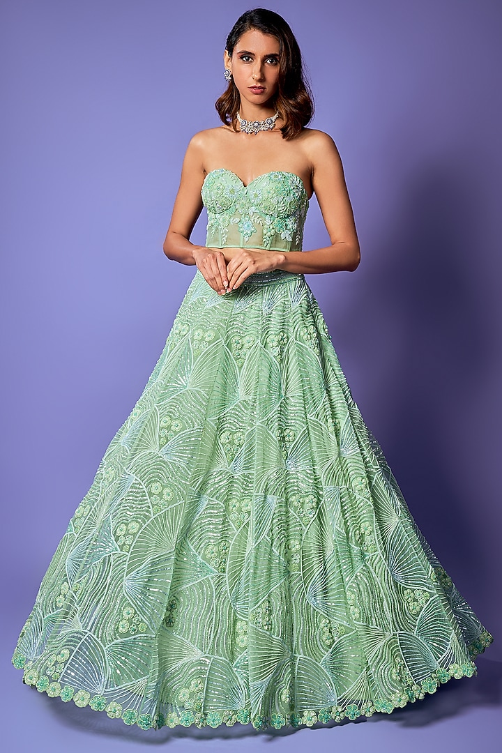 Seafoam Green Pure Organza Abstract Embroidered Bridal Lehenga Set by Label Charmie Galaiya at Pernia's Pop Up Shop