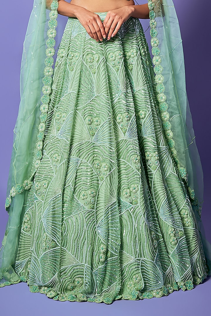 Seafoam Green Pure Organza Abstract Embroidered Bridal Lehenga Set by Label Charmie Galaiya at Pernia's Pop Up Shop