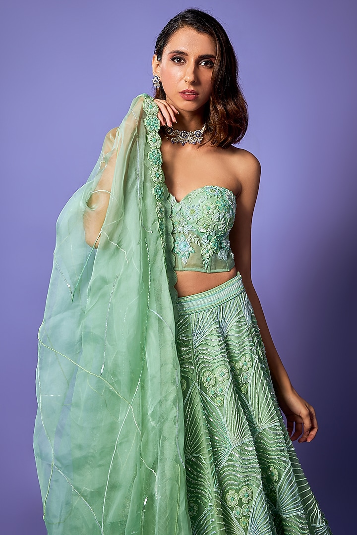 Seafoam Green Pure Organza Abstract Embroidered Bridal Lehenga Set by Label Charmie Galaiya at Pernia's Pop Up Shop