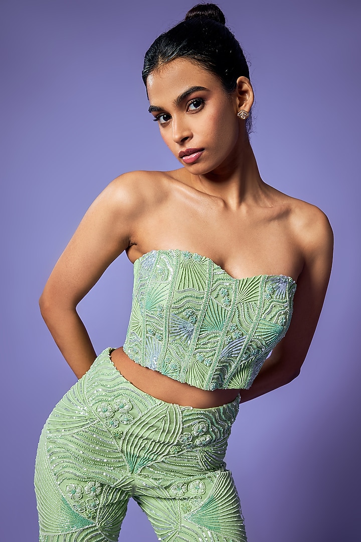 Mint Green Pure Organza Abstract Pant Set by Label Charmie Galaiya at Pernia's Pop Up Shop