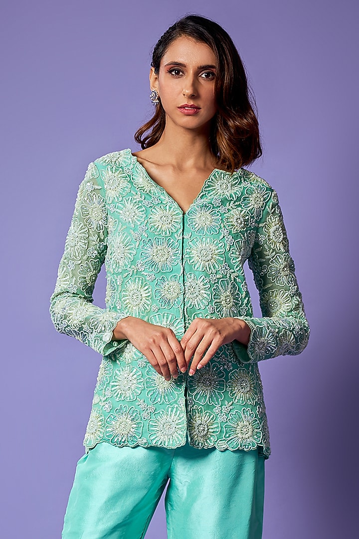 Jade Green Organza & Silk Palazzo Pant Set by Label Charmie Galaiya at Pernia's Pop Up Shop