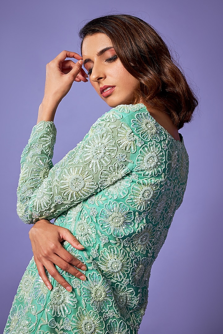 Jade Green Organza & Silk Palazzo Pant Set by Label Charmie Galaiya at Pernia's Pop Up Shop
