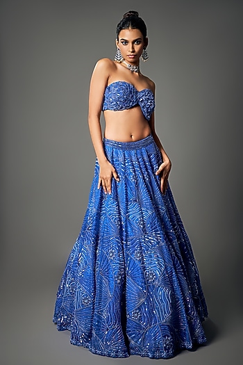 Midnight Blue Pure Organza Embroidered Bridal Lehenga Set by Label Charmie Galaiya at Pernia's Pop Up Shop
