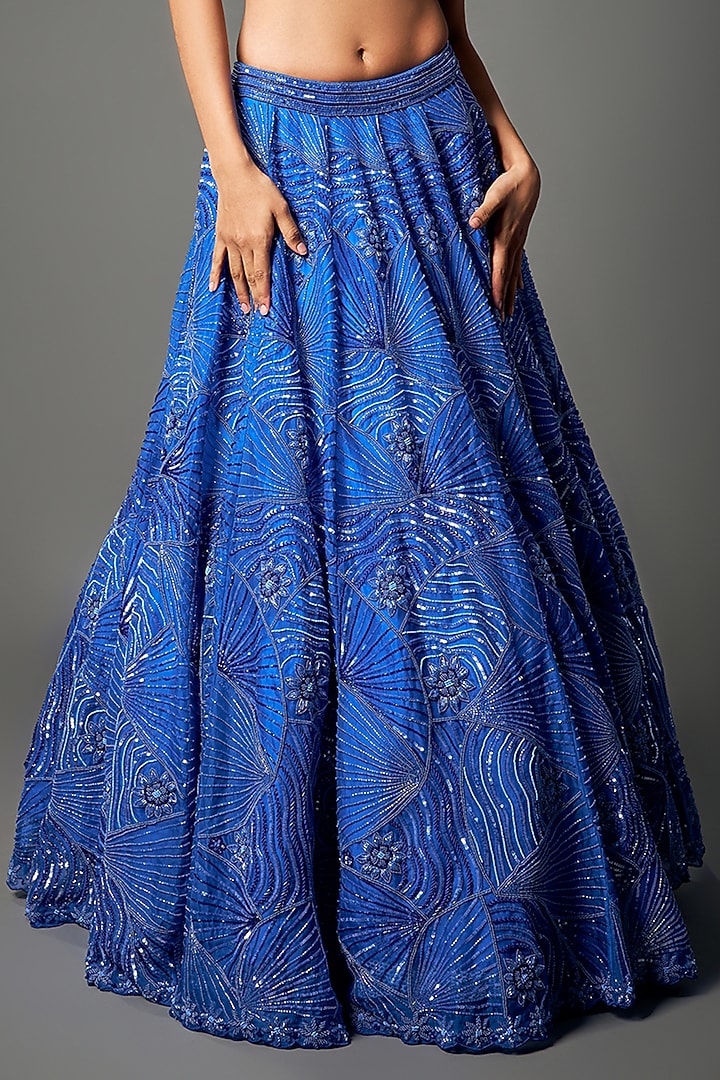 Midnight Blue Pure Organza Embroidered Bridal Lehenga Set by Label Charmie Galaiya at Pernia's Pop Up Shop