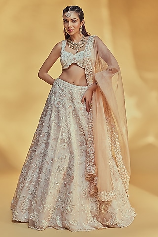 Light Peachy Pink Pure Organza Handcrafted Lehenga Set by Label Charmie Galaiya