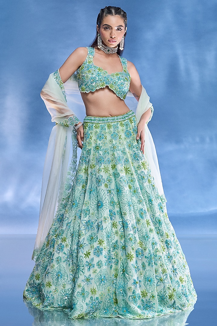 Blue & Green Pure Organza Embroidered Bridal Lehenga Set by Label Charmie Galaiya at Pernia's Pop Up Shop