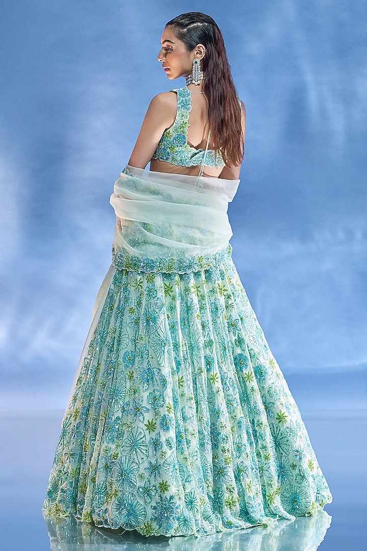 Blue & Green Pure Organza Embroidered Bridal Lehenga Set by Label Charmie Galaiya at Pernia's Pop Up Shop