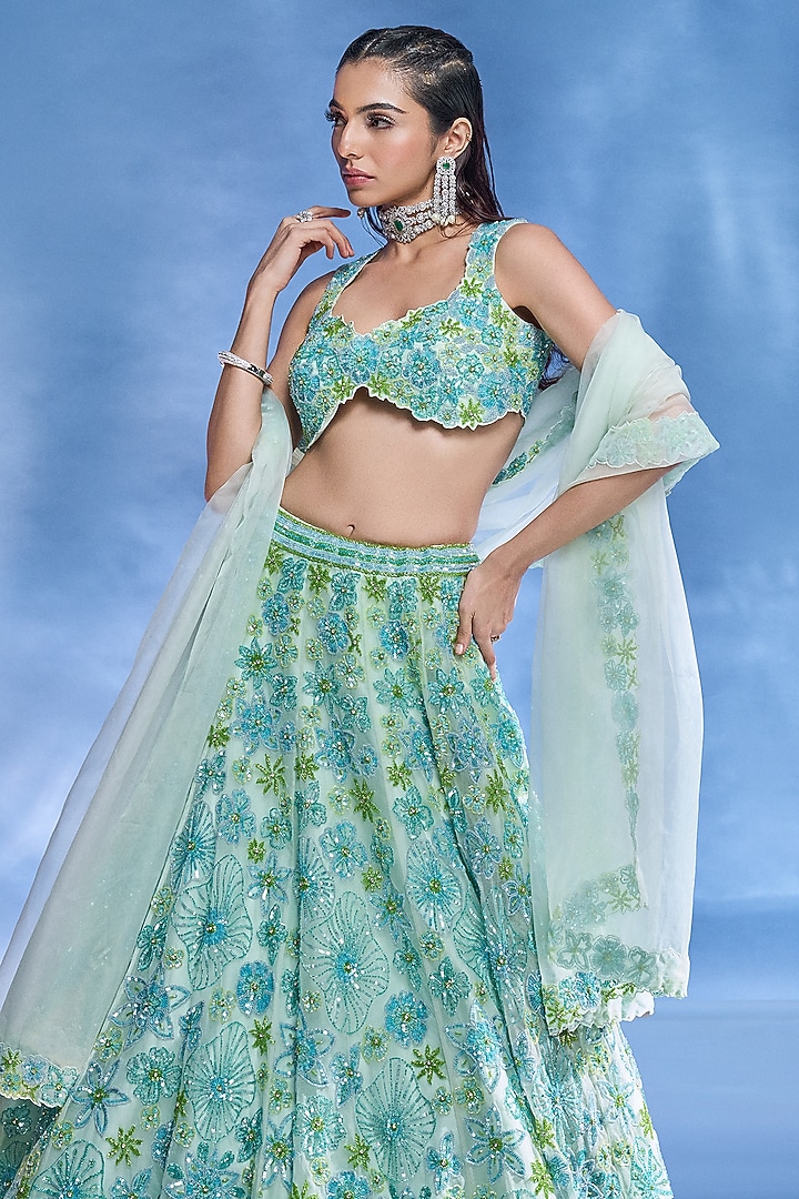 Blue & Green Pure Organza Embroidered Bridal Lehenga Set by Label Charmie Galaiya at Pernia's Pop Up Shop