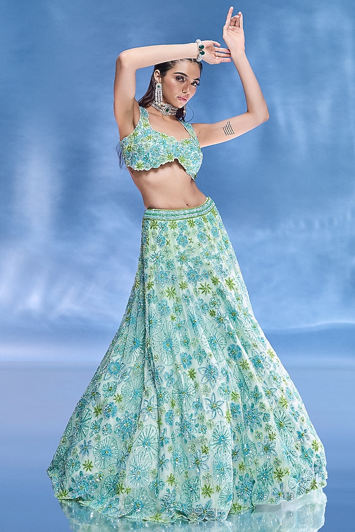 Blue & Green Pure Organza Embroidered Bridal Lehenga Set by Label Charmie Galaiya at Pernia's Pop Up Shop