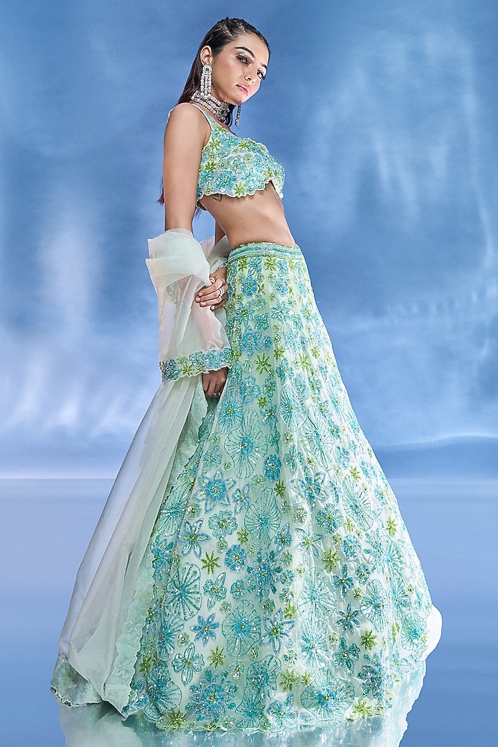 Blue & Green Pure Organza Embroidered Bridal Lehenga Set by Label Charmie Galaiya at Pernia's Pop Up Shop