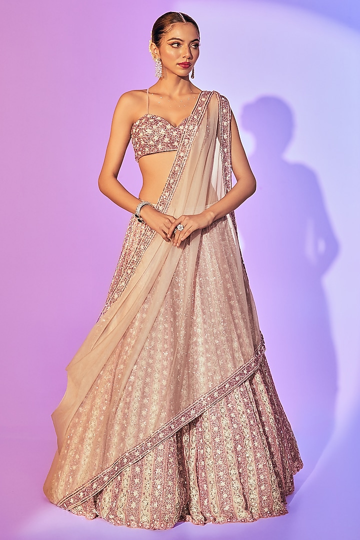 Pink Faded Pure Organza Pearl Embroidered Bridal Lehenga Set by Label Charmie Galaiya at Pernia's Pop Up Shop