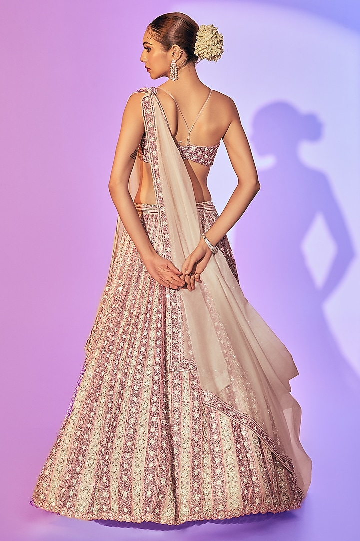 Pink Faded Pure Organza Pearl Embroidered Bridal Lehenga Set by Label Charmie Galaiya at Pernia's Pop Up Shop