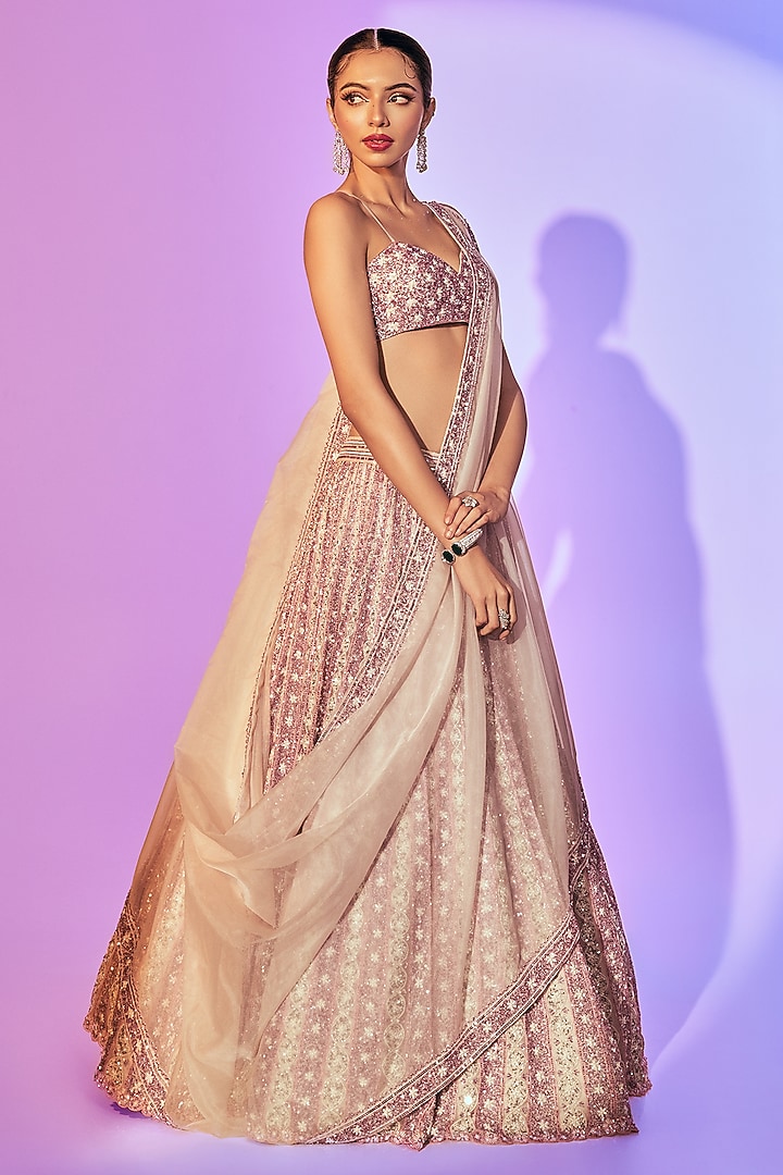 Pink Faded Pure Organza Pearl Embroidered Bridal Lehenga Set by Label Charmie Galaiya at Pernia's Pop Up Shop