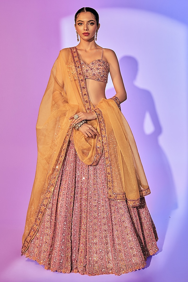Light Purple Pure Organza Pearl Embroidered Bridal Lehenga Set by Label Charmie Galaiya at Pernia's Pop Up Shop