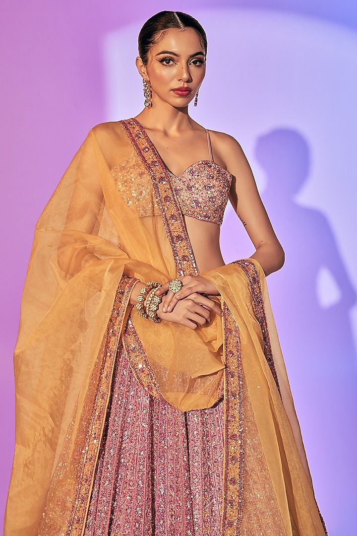 Light Purple Pure Organza Pearl Embroidered Bridal Lehenga Set by Label Charmie Galaiya at Pernia's Pop Up Shop