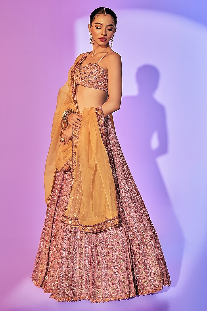 Light Purple Pure Organza Pearl Embroidered Bridal Lehenga Set by Label Charmie Galaiya at Pernia's Pop Up Shop