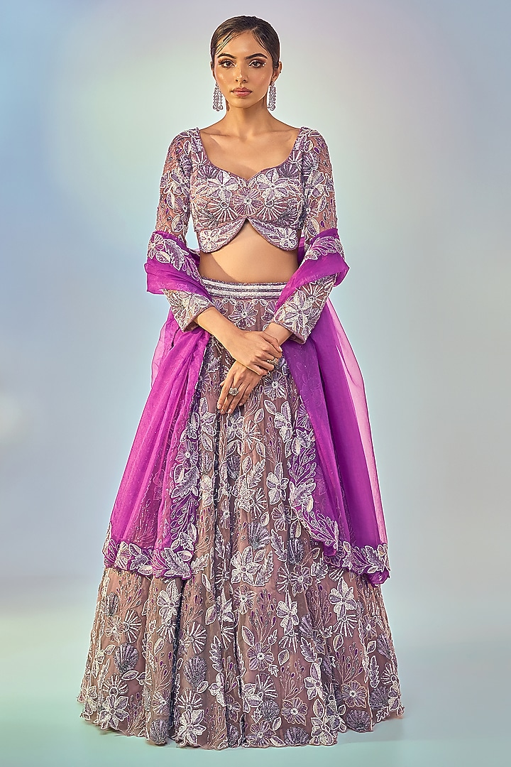 Mauve Pure Organza Embroidered Bridal Lehenga Set by Label Charmie Galaiya at Pernia's Pop Up Shop