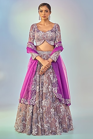 Mauve Pure Organza Embroidered Lehenga Set by Label Charmie Galaiya