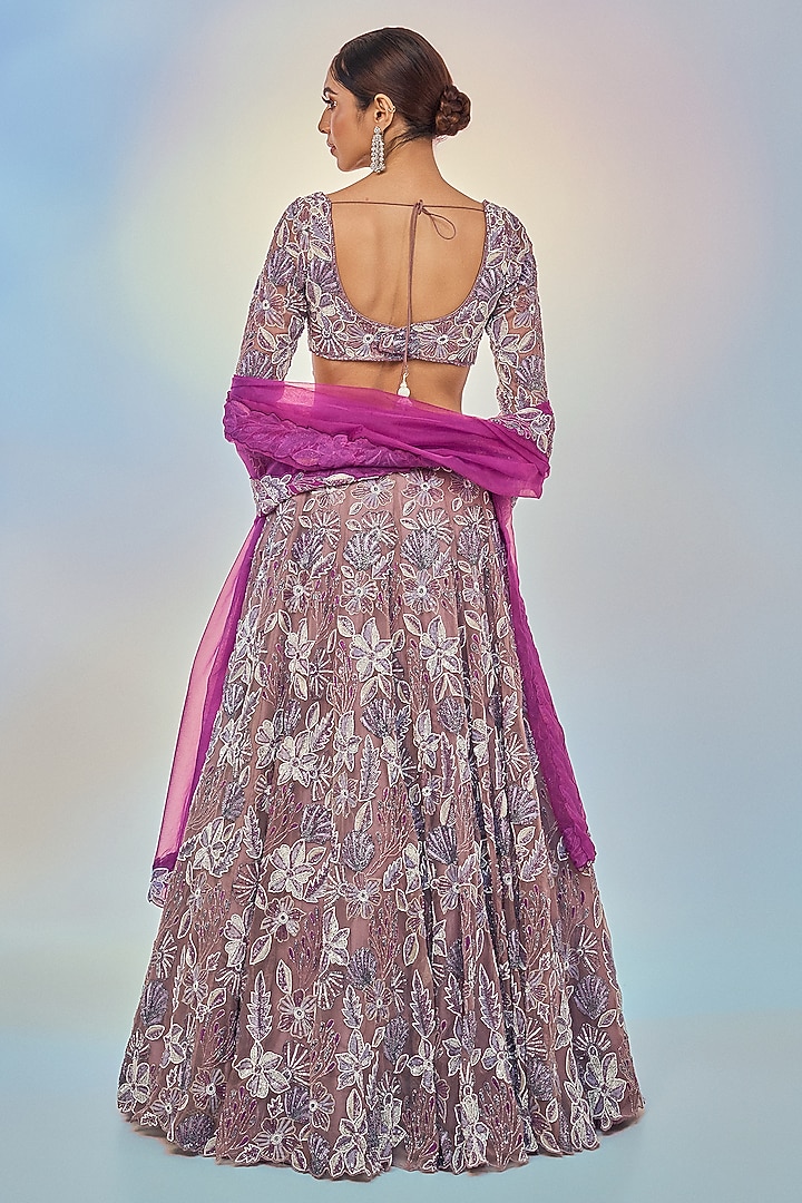 Mauve Pure Organza Embroidered Bridal Lehenga Set by Label Charmie Galaiya at Pernia's Pop Up Shop