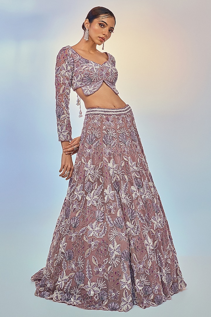 Mauve Pure Organza Embroidered Bridal Lehenga Set by Label Charmie Galaiya at Pernia's Pop Up Shop