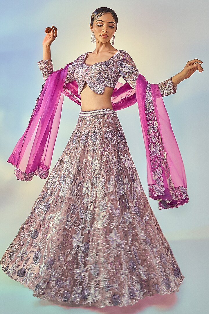 Mauve Pure Organza Embroidered Bridal Lehenga Set by Label Charmie Galaiya at Pernia's Pop Up Shop
