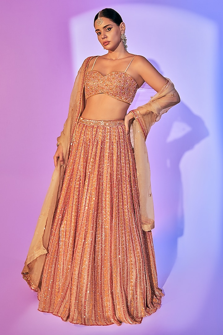 Light Coral Pure Organza Embroidered Bridal Lehenga Set by Label Charmie Galaiya at Pernia's Pop Up Shop