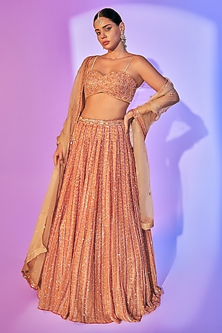 Light Coral Pure Organza Embroidered Lehenga Set by Label Charmie Galaiya