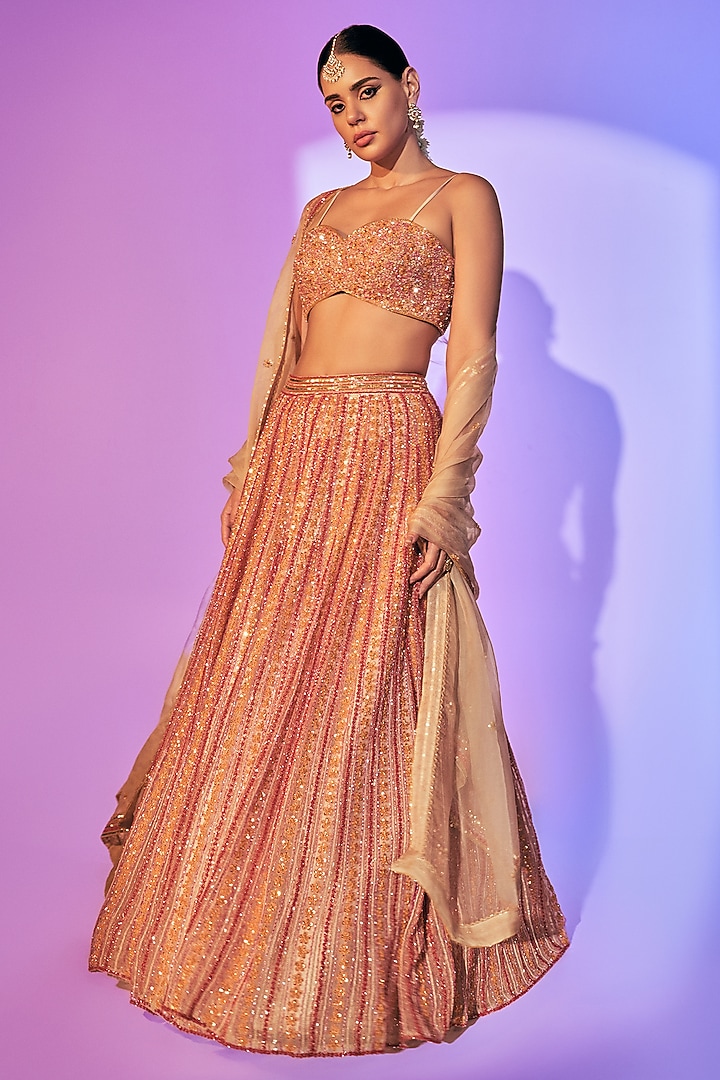 Light Coral Pure Organza Embroidered Bridal Lehenga Set by Label Charmie Galaiya at Pernia's Pop Up Shop