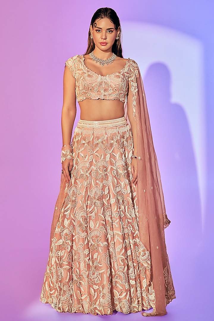 Baby Pink Pure Organza Pearl Embroidered Bridal Lehenga Set by Label Charmie Galaiya at Pernia's Pop Up Shop