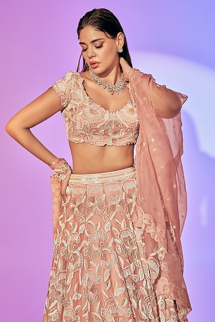 Baby Pink Pure Organza Pearl Embroidered Bridal Lehenga Set by Label Charmie Galaiya at Pernia's Pop Up Shop