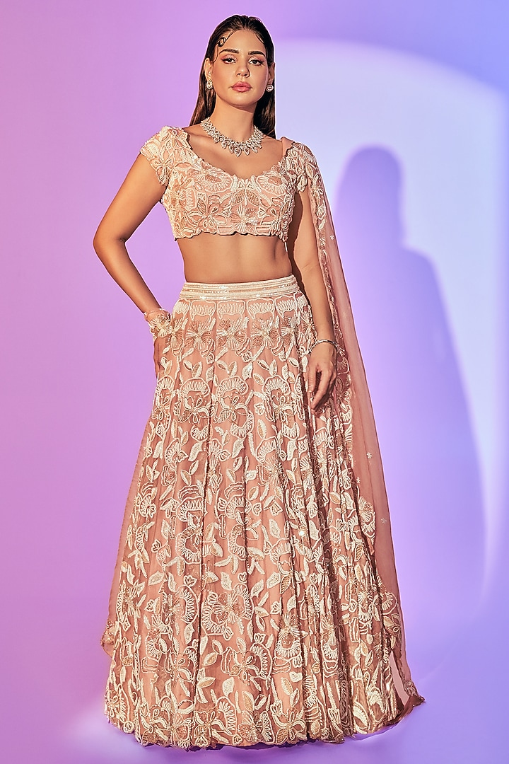 Baby Pink Pure Organza Pearl Embroidered Bridal Lehenga Set by Label Charmie Galaiya at Pernia's Pop Up Shop