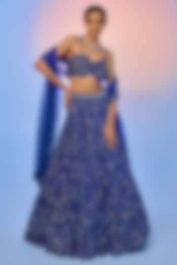 Electric Blue Pure Organza Embroidered Bridal Lehenga Set by Label Charmie Galaiya at Pernia's Pop Up Shop