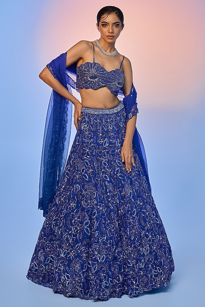 Electric Blue Pure Organza Embroidered Bridal Lehenga Set by Label Charmie Galaiya at Pernia's Pop Up Shop