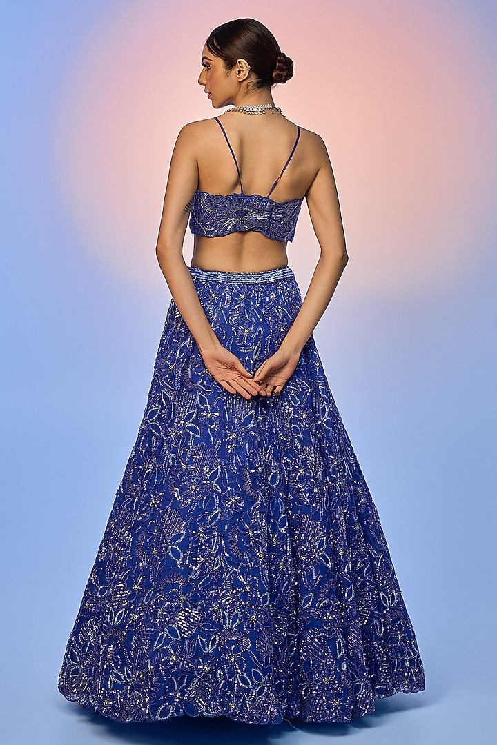 Electric Blue Pure Organza Embroidered Bridal Lehenga Set by Label Charmie Galaiya at Pernia's Pop Up Shop