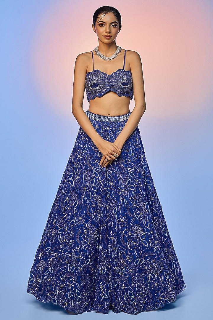 Electric Blue Pure Organza Embroidered Bridal Lehenga Set by Label Charmie Galaiya at Pernia's Pop Up Shop
