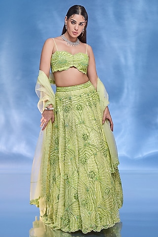 Light Green Pure Organza Embroidered Lehenga Set by Label Charmie Galaiya