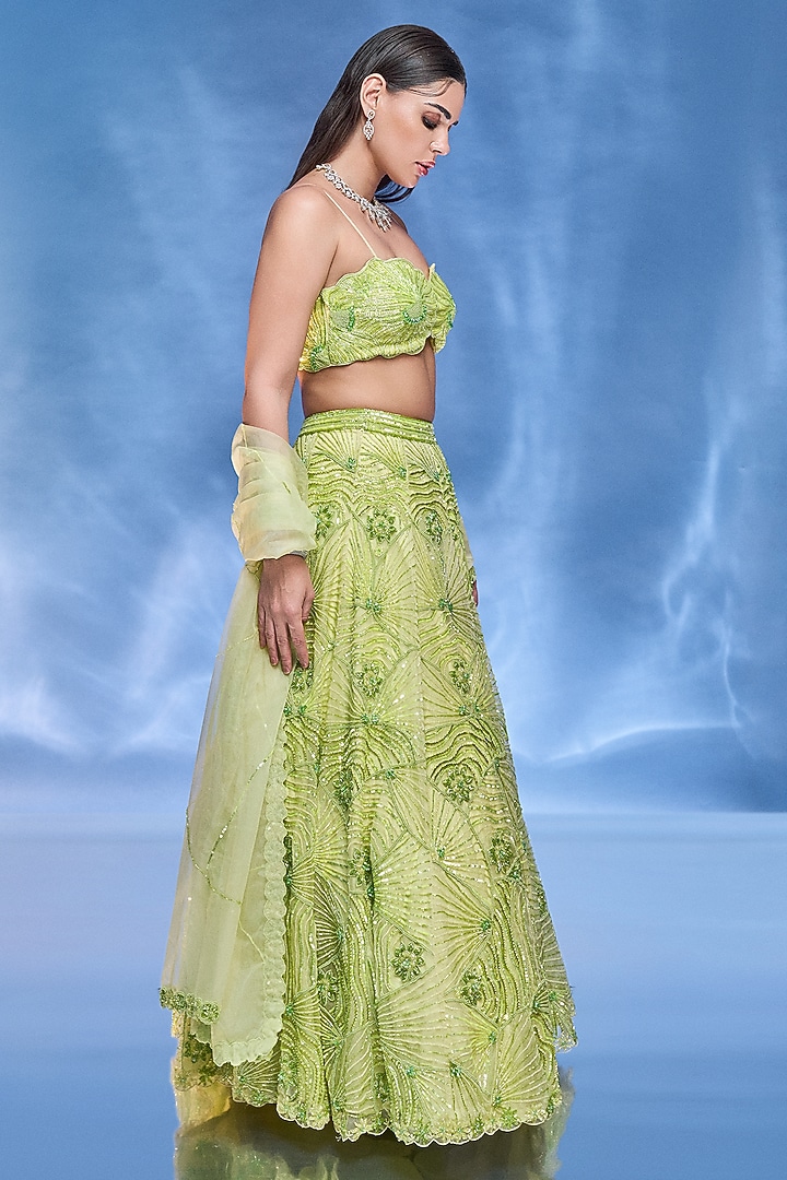 Light Green Pure Organza Embroidered Bridal Lehenga Set by Label Charmie Galaiya at Pernia's Pop Up Shop