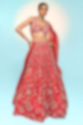 Red Pure Organza Embroidered Bridal Lehenga Set by Label Charmie Galaiya at Pernia's Pop Up Shop